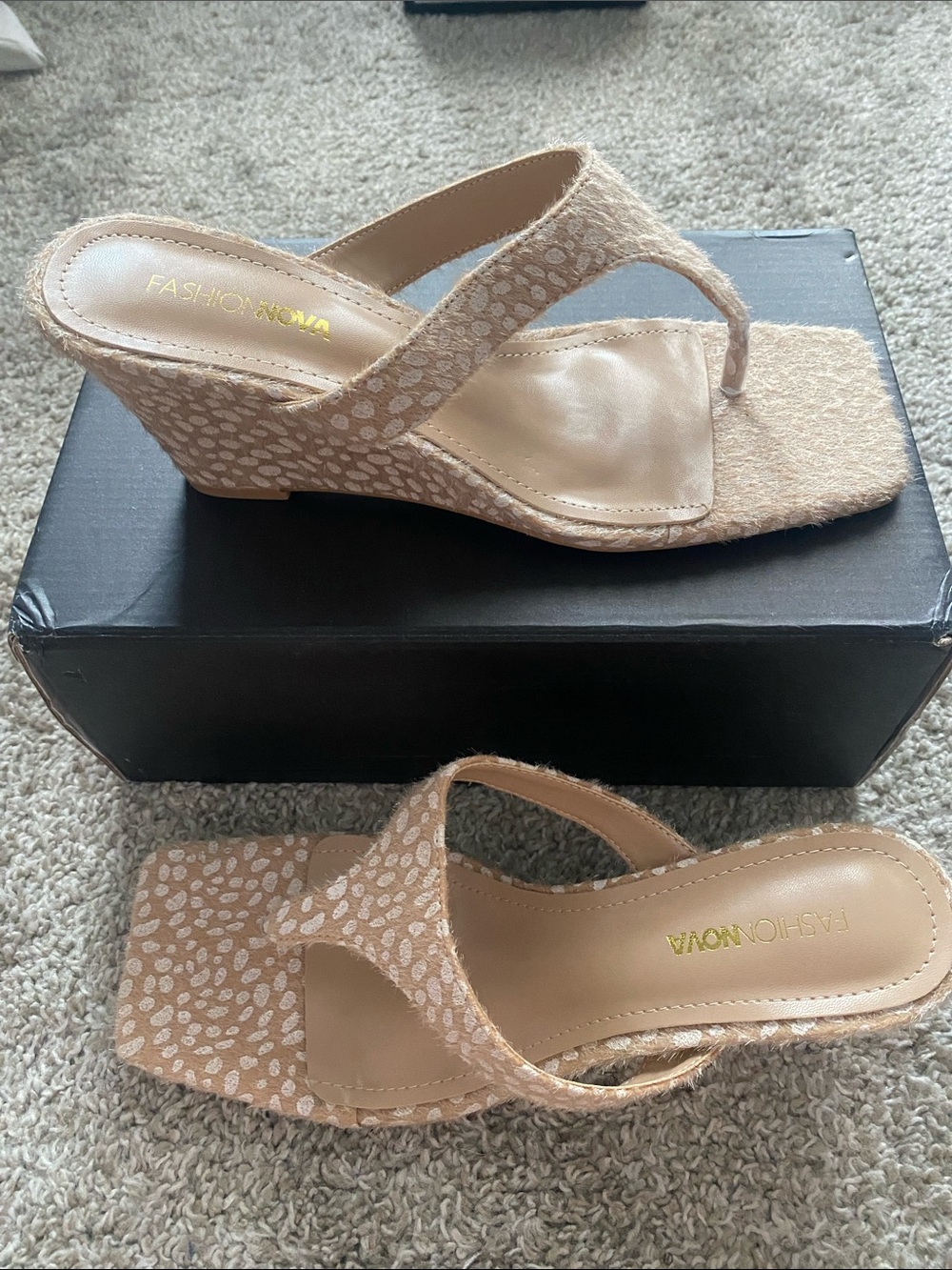 Fashion Nova Tan Animal-Print Wedge Thong Sandals